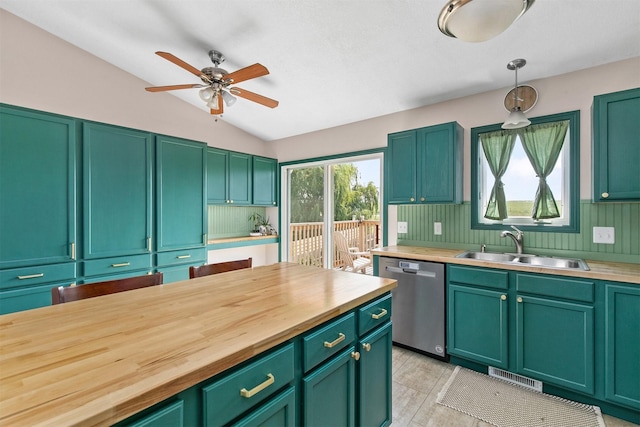 2207 Vista View Dr, Granger, IA 50109 - kitchen with stainless steel dishwasher, wood counters, lofted ceiling, and ceiling fan