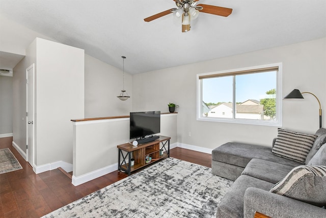 2207 Vista View Dr, Granger, IA 50109 - living room with a ceiling fan, wood finished floors, and vaulted ceiling