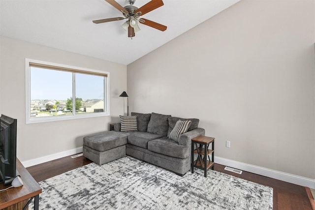 2207 Vista View Dr, Granger, IA 50109 - living area with lofted ceiling, a ceiling fan, and wood finished floors
