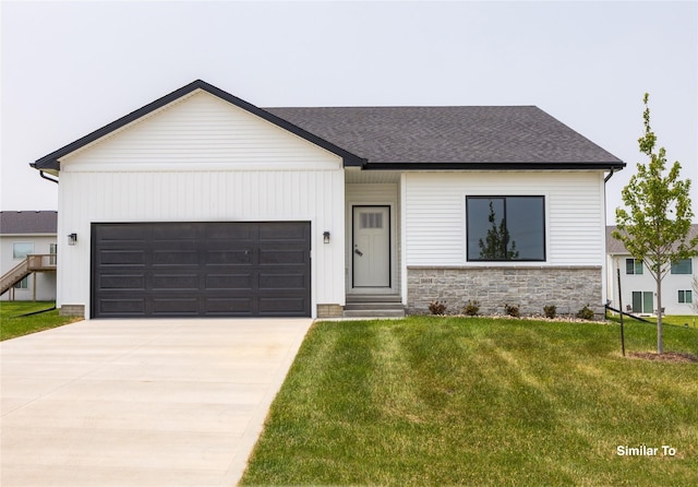 1163 NW Petersen Dr, Waukee, IA 50263 - modern farmhouse featuring an attached garage, driveway, a front yard, and a shingled roof
