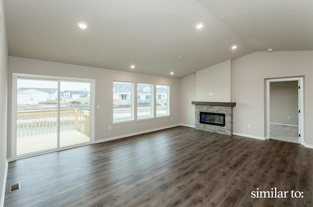 9383 Modena Ln, West Des Moines, IA 50266 - unfurnished living room with dark wood-style floors, a fireplace, lofted ceiling, and recessed lighting