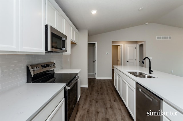 9383 Modena Ln, West Des Moines, IA 50266 - kitchen featuring stainless steel appliances, white cabinets, lofted ceiling, tasteful backsplash, and dark wood-type flooring