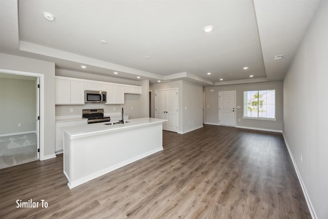 715 Linden St, Carlisle, IA 50047 - kitchen featuring a tray ceiling, appliances with stainless steel finishes, white cabinets, an island with sink, and wood finished floors