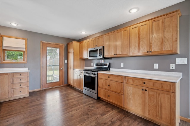 602 8th St, Malcom, IA 50157 - kitchen with stainless steel appliances, dark wood-style floors, light countertops, and recessed lighting