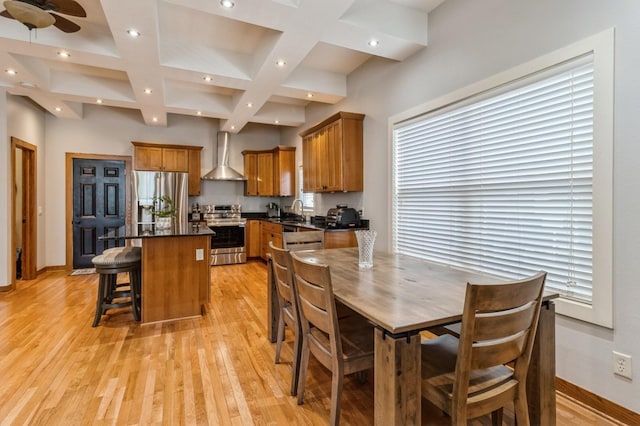 2687 NW 165th Ln, Clive, IA 50325 - dining room featuring coffered ceiling, light wood-style flooring, beamed ceiling, recessed lighting, and ceiling fan