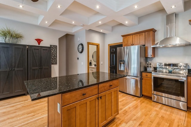 2687 NW 165th Ln, Clive, IA 50325 - kitchen with stainless steel appliances, wall chimney range hood, coffered ceiling, light wood finished floors, and beam ceiling