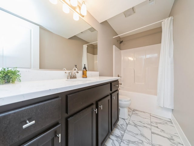 712 Mallard Pointe Dr NW, Bondurant, IA 50035 - bathroom featuring marble finish flooring, vanity, and shower / bathtub combination with curtain