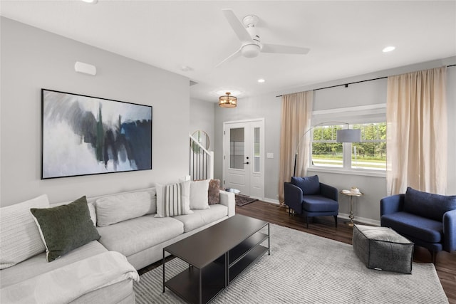 9622 NW 70th Ave, Johnston, IA 50131 - living room with wood finished floors, recessed lighting, and ceiling fan