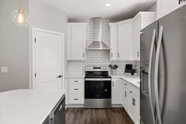 9622 NW 70th Ave, Johnston, IA 50131 - kitchen featuring stainless steel appliances, wall chimney exhaust hood, tasteful backsplash, white cabinetry, and dark wood-style flooring