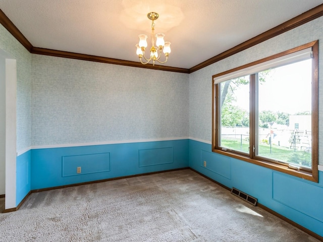 2100 Meadow Brook Dr, West Des Moines, IA 50265 - unfurnished room with a chandelier, carpet, crown molding, a wainscoted wall, and wallpapered walls
