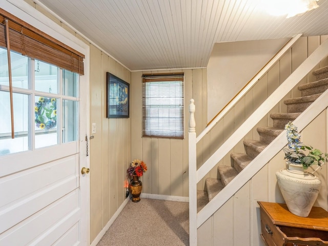 110 E 20th St N, Newton, IA 50208 - doorway featuring carpet, stairway, and wooden ceiling