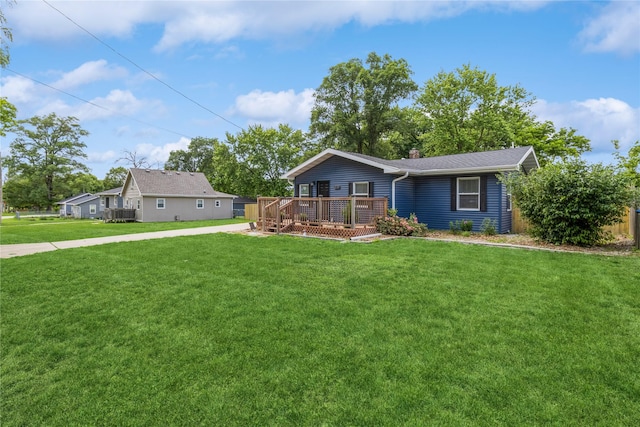 220 E Lally St, Des Moines, IA 50315 - ranch-style home with a deck, a front lawn, and a chimney