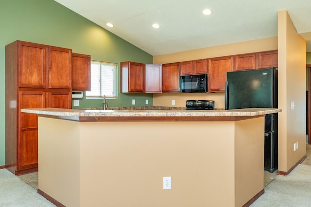 5514 SE 24th St, Des Moines, IA 50320 - kitchen featuring black appliances, light carpet, lofted ceiling, recessed lighting, and brown cabinetry