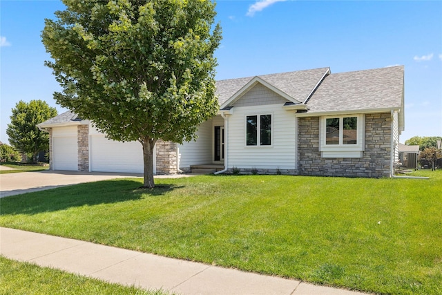1217 NW Morningside Ct, Grimes, IA 50111 - view of front of property featuring stone siding, roof with shingles, driveway, a front lawn, and a garage