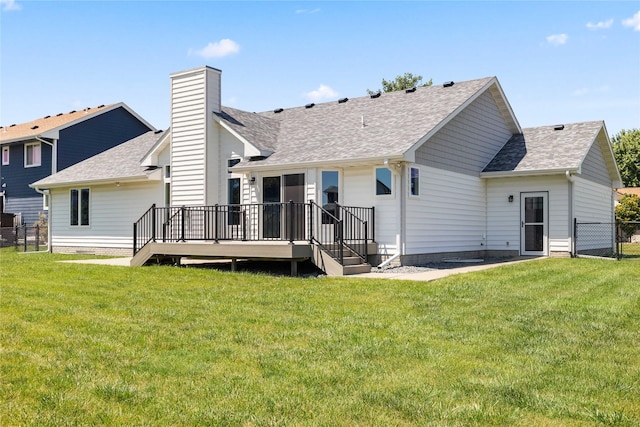 1217 NW Morningside Ct, Grimes, IA 50111 - back of house with a wooden deck, a shingled roof, and a chimney