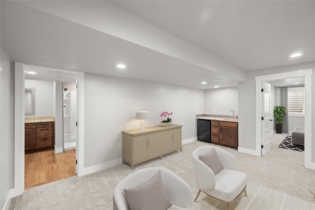 1217 NW Morningside Ct, Grimes, IA 50111 - indoor wet bar with light carpet, recessed lighting, and fridge