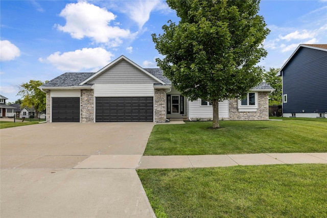 1217 NW Morningside Ct, Grimes, IA 50111 - view of front facade with stone siding, an attached garage, a front lawn, and concrete driveway