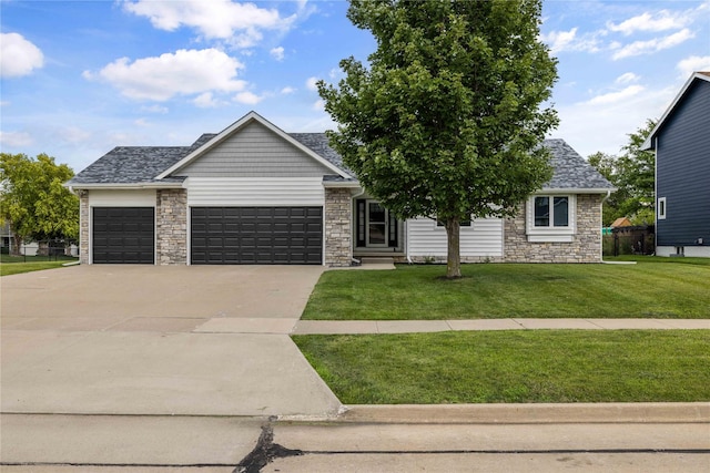 1217 NW Morningside Ct, Grimes, IA 50111 - view of front facade featuring stone siding, an attached garage, a front yard, and driveway