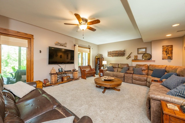 105 Everett Cir, Mingo, IA 50168 - carpeted living room featuring a ceiling fan