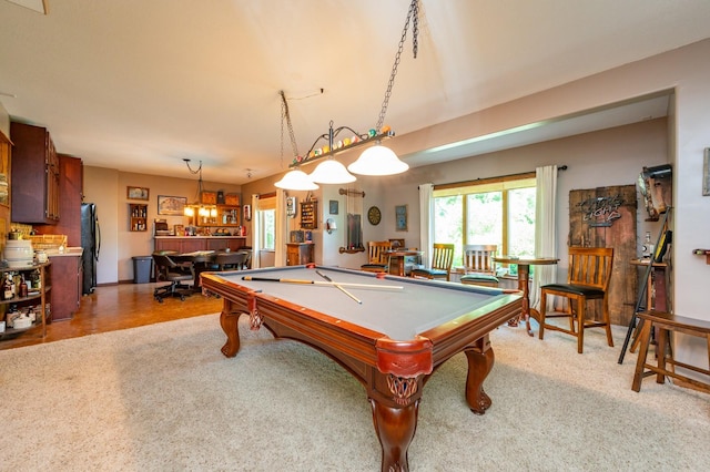 105 Everett Cir, Mingo, IA 50168 - rec room with pool table, carpet, and a chandelier