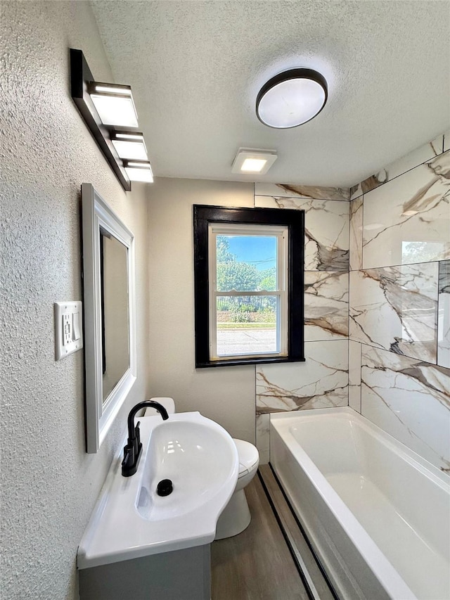 1254 E 16th St, Des Moines, IA 50316 - bathroom featuring a textured ceiling, vanity, wood finished floors, and a textured wall