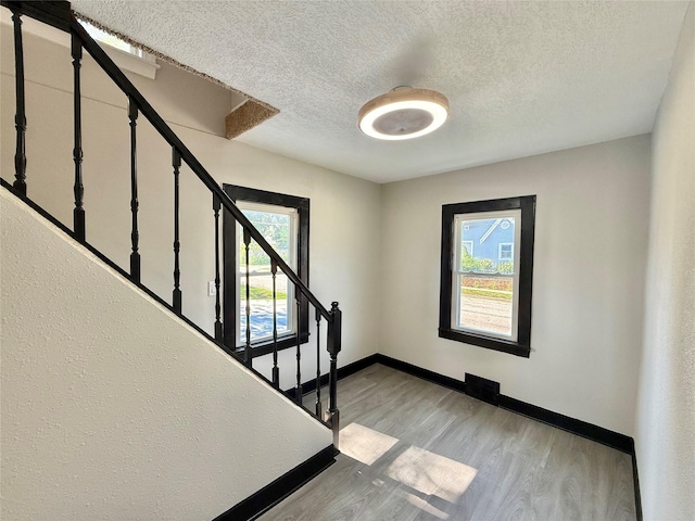 1254 E 16th St, Des Moines, IA 50316 - stairs featuring healthy amount of natural light, wood finished floors, and a textured ceiling