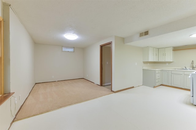28453 530th Ave, Kelley, IA 50134 - kitchen featuring a textured ceiling, light countertops, and light carpet