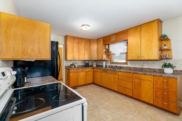 501 N Orchard St N, Brooklyn, IA 52211 - kitchen with open shelves, white electric stove, backsplash, brown cabinets, and light floors