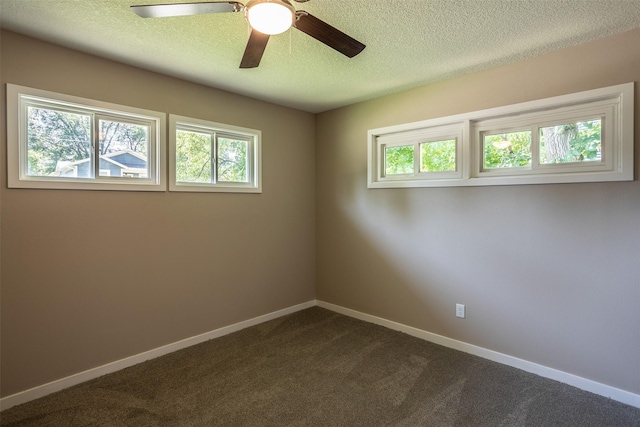 2311 Williams St, Des Moines, IA 50317 - empty room featuring a textured ceiling, healthy amount of natural light, dark colored carpet, and a ceiling fan