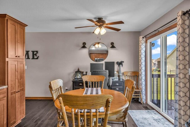 1329 Joshua Cir SE, Bondurant, IA 50035 - dining room featuring ceiling fan and dark wood-type flooring
