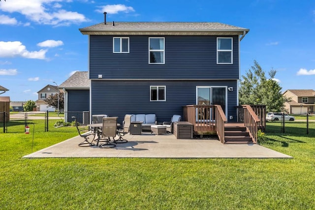 1329 Joshua Cir SE, Bondurant, IA 50035 - back of property with a fenced backyard, a patio, a deck, outdoor lounge area, and roof with shingles