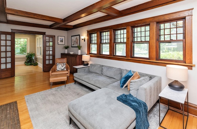 642 Polk Blvd, Des Moines, IA 50312 - living room featuring wood finished floors, beamed ceiling, and coffered ceiling