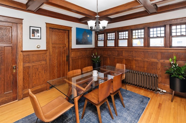 642 Polk Blvd, Des Moines, IA 50312 - dining room featuring radiator, coffered ceiling, beamed ceiling, wainscoting, and a chandelier