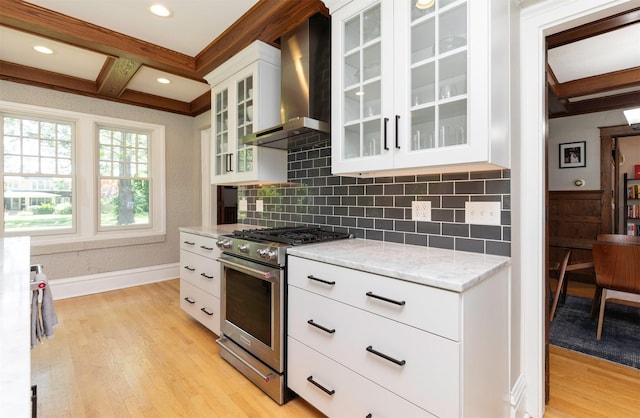 642 Polk Blvd, Des Moines, IA 50312 - kitchen featuring high end stove, wall chimney exhaust hood, light wood finished floors, coffered ceiling, and beamed ceiling