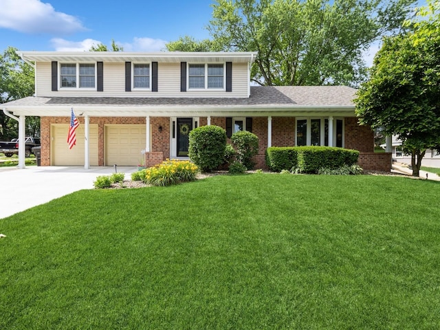 2906 Watrous Ave, Des Moines, IA 50321 - traditional-style house featuring concrete driveway, a garage, a front yard, brick siding, and a shingled roof