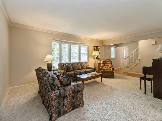 2906 Watrous Ave, Des Moines, IA 50321 - living room with crown molding, carpet, and stairway