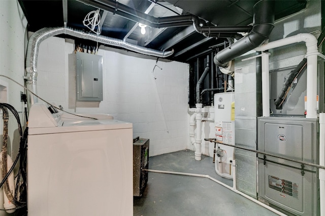 4132 E 24th Ct, Des Moines, IA 50317 - unfinished below grade area with electric panel, water heater, heating unit, and washer and clothes dryer