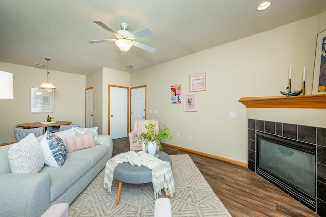 8601 Westown Pkwy Unit 18211, West Des Moines, IA 50266 - living room with wood finished floors, ceiling fan, recessed lighting, and a fireplace
