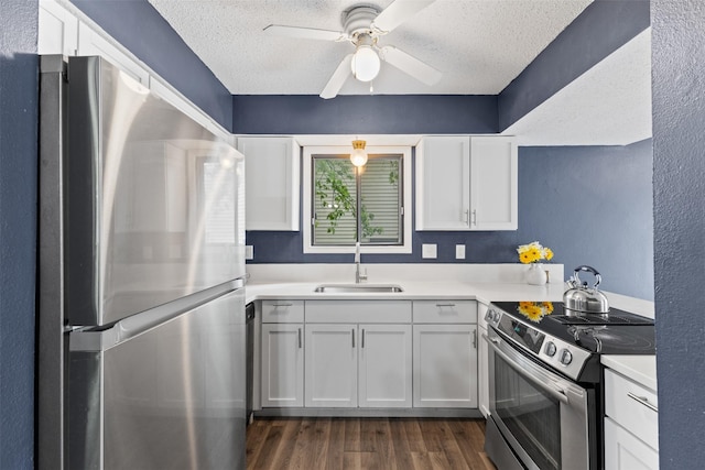 1913 E Bell Ave, Des Moines, IA 50320 - kitchen with stainless steel appliances, a textured ceiling, dark wood finished floors, a ceiling fan, and light countertops