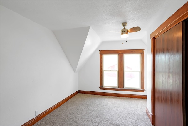 403 E 2nd St S, Newton, IA 50208 - additional living space featuring carpet floors, ceiling fan, lofted ceiling, and a textured ceiling