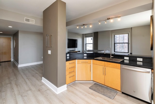 400 Walnut St Unit 901, Des Moines, IA 50309 - kitchen with stainless steel dishwasher, light wood finished floors, light brown cabinets, and dark countertops