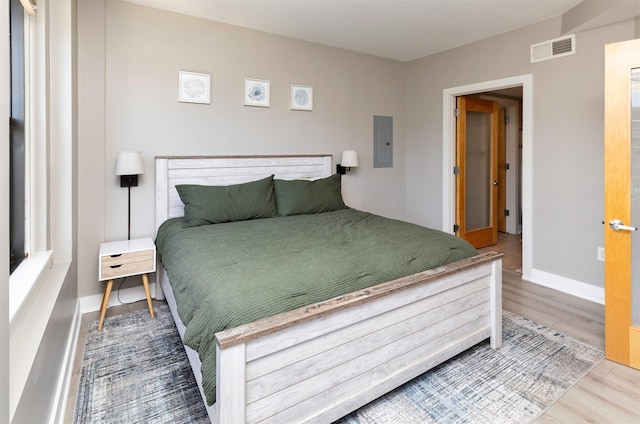 400 Walnut St Unit 901, Des Moines, IA 50309 - bedroom featuring electric panel and wood finished floors