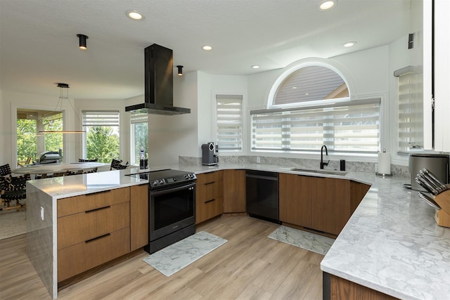 1286 Glen Oaks Dr, West Des Moines, IA 50266 - kitchen featuring stainless steel range with electric stovetop, dishwasher, wall chimney exhaust hood, a peninsula, and modern cabinets