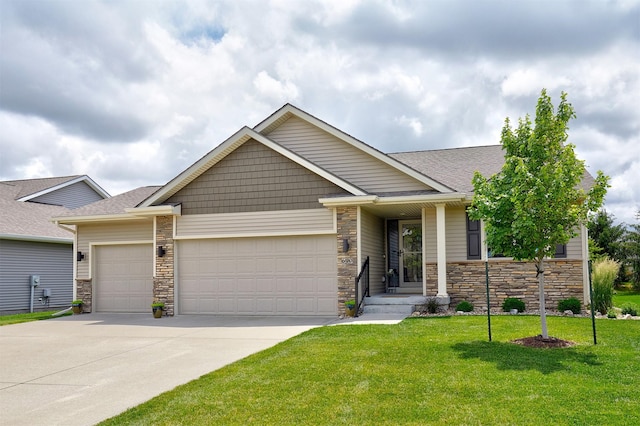 690 SE Driftwood Ln, Waukee, IA 50263 - craftsman house with stone siding, an attached garage, concrete driveway, a front lawn, and a shingled roof