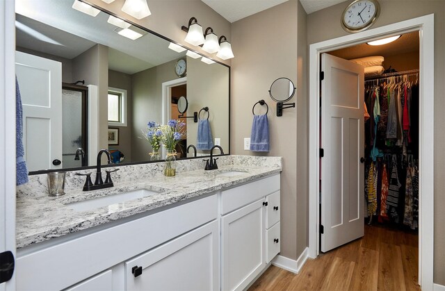 690 SE Driftwood Ln, Waukee, IA 50263 - full bathroom featuring wood finished floors, double vanity, a walk in closet, and a stall shower
