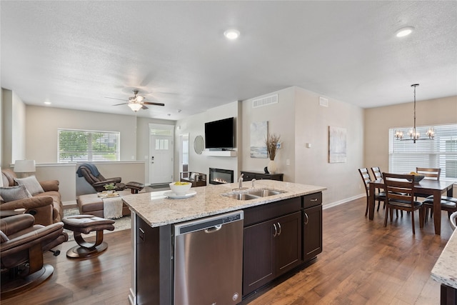 523 S Bluestone Way W, Des Moines, IA 50266 - kitchen featuring dishwasher, open floor plan, a ceiling fan, dark wood finished floors, and recessed lighting