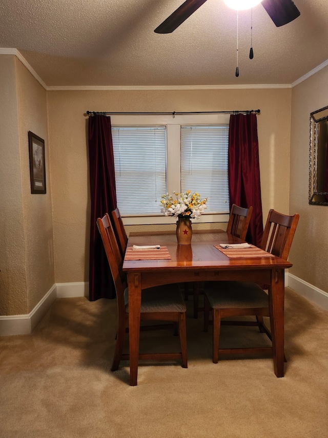 2730 53rd St, Des Moines, IA 50310 - dining room with ornamental molding, light carpet, ceiling fan, a textured ceiling, and a textured wall