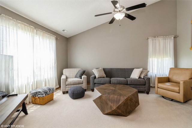 200 Walnut Dr NW, Bondurant, IA 50035 - living room featuring carpet floors, lofted ceiling, and ceiling fan