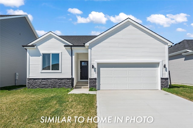 1488 S 91st St, West Des Moines, IA 50266 - view of front of property featuring stone siding, concrete driveway, a front lawn, and an attached garage