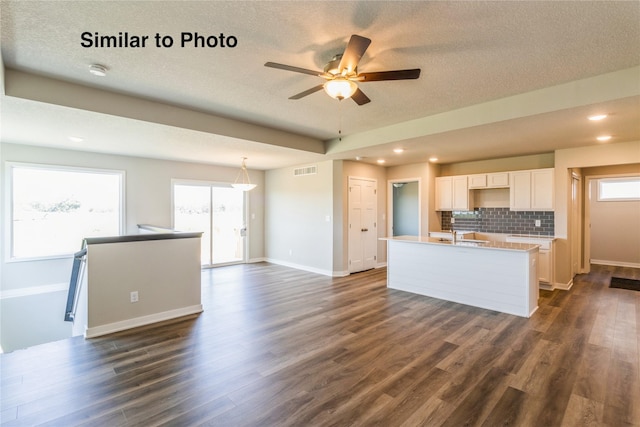 1656 20th Ave SE, Altoona, IA 50009 - kitchen with a center island with sink, decorative backsplash, a textured ceiling, dark wood-type flooring, and white cabinets